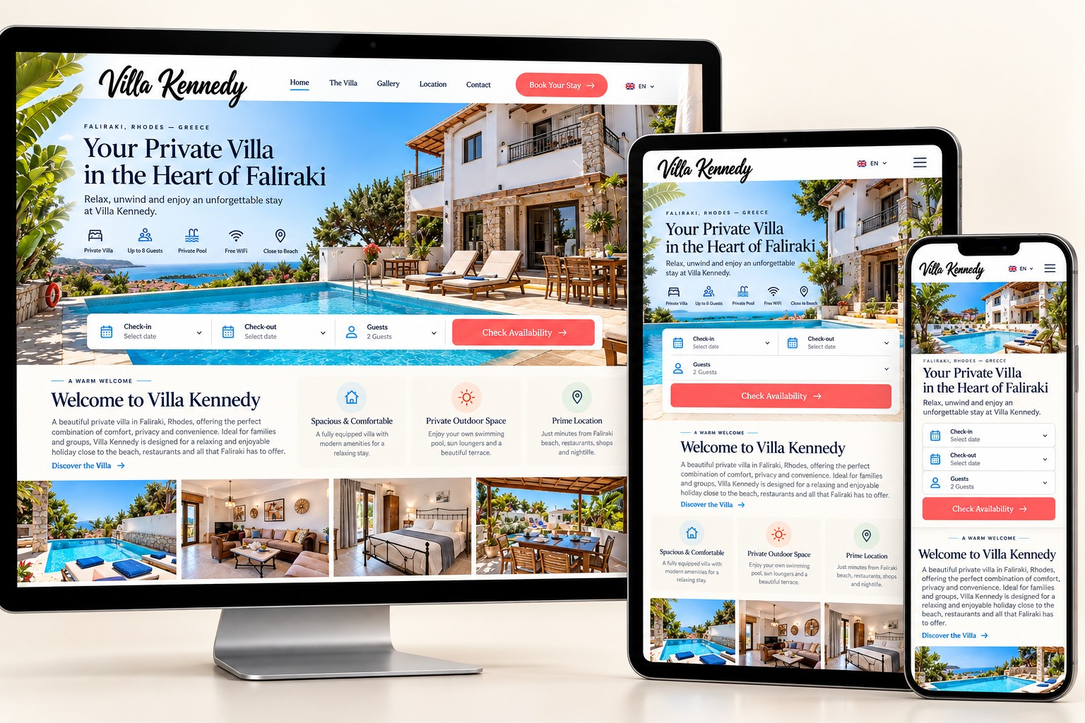 Villa Kennedy website displayed across desktop, tablet, and mobile devices